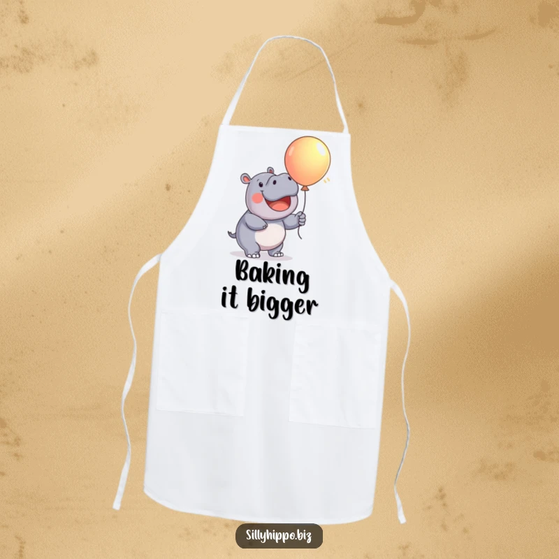Funny Apron with a happy hippo enthusiastically inflating a large, colorful balloon, bringing cheerful vibes to the kitchen.