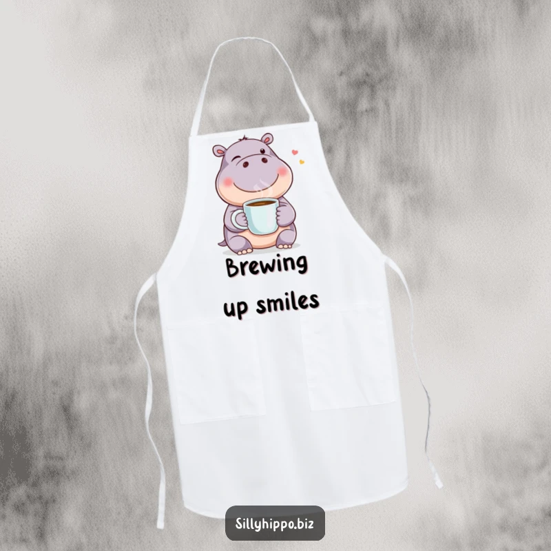 Funny apron with a happy hippo winking while holding a coffee mug, perfect for kitchen fun and a guaranteed smile, a great funny gift.