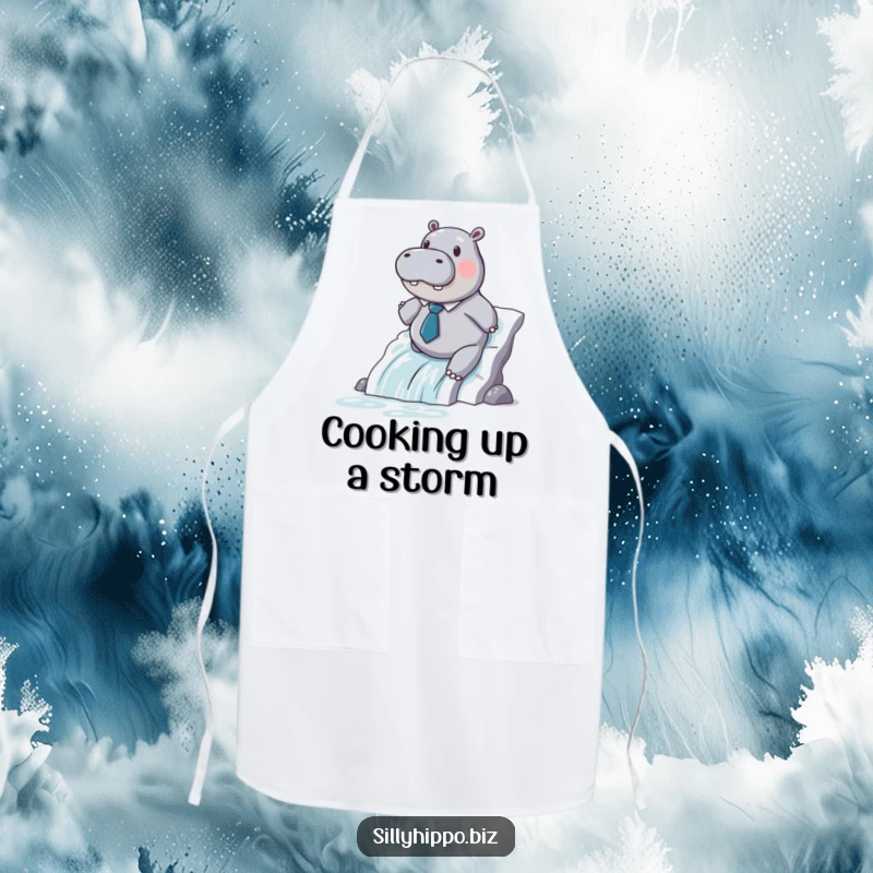 Funny hippo in a small tie slides down a printer paper waterfall on this practical and amusing apron.