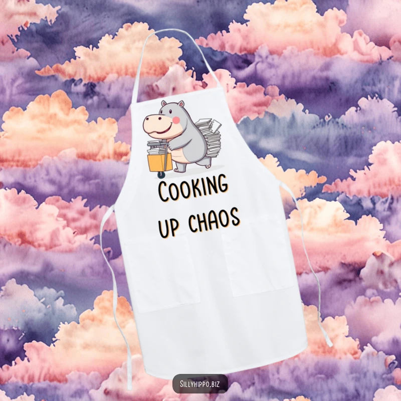 Funny Apron with a determined hippo pushing a rolling cart overflowing with papers, ready for any task.