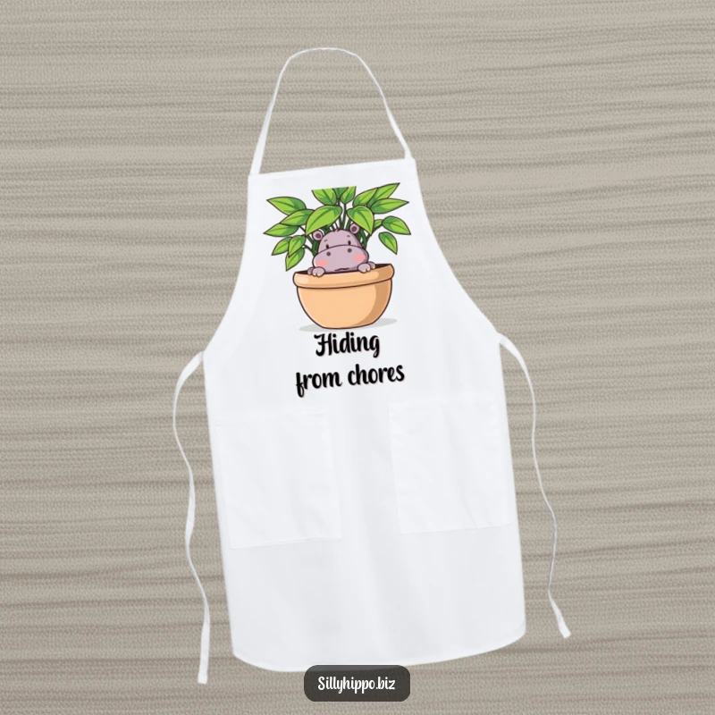 Funny Apron with a playful hippo peeking out from behind a large potted plant, adding a touch of fun.