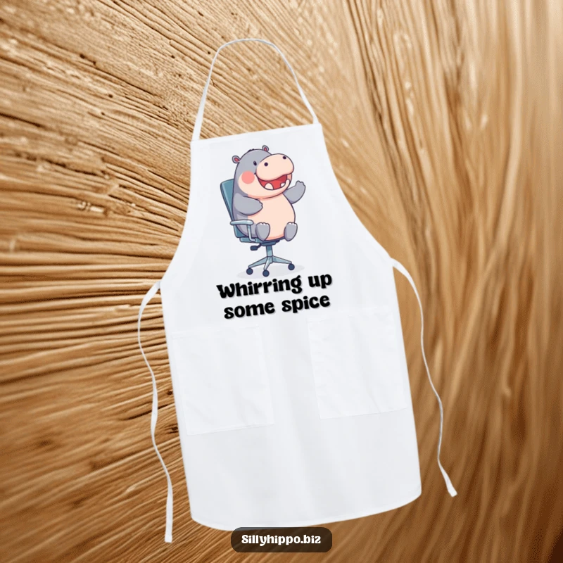 Funny, round hippo spinning on an office chair is featured on this practical and amusing apron.