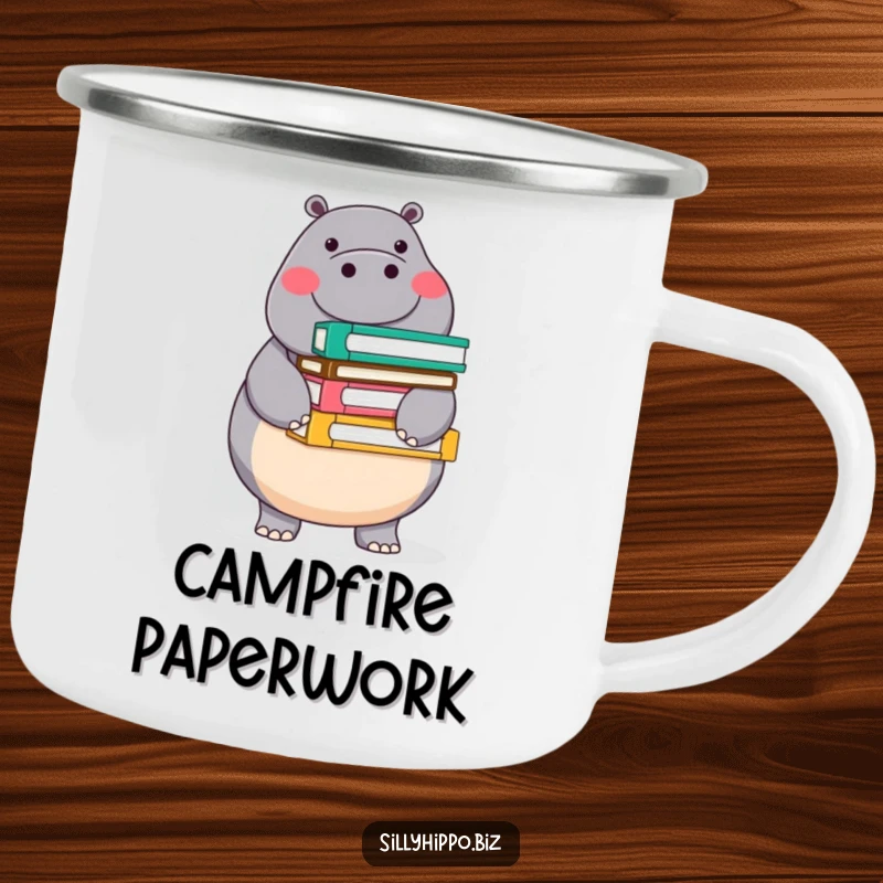 Funny camping mug with a round, cheerful hippo balancing a stack of colorful office folders, perfect for outdoor organization and humor.