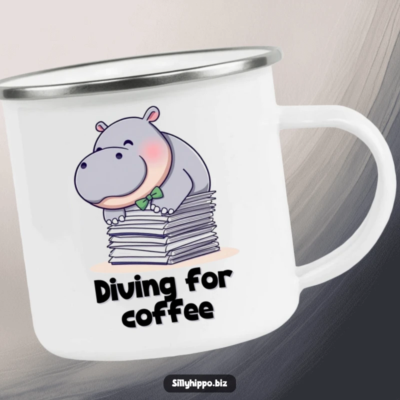 Funny camping mug showing a plump hippo in a bow tie, diving into papers, perfect for enjoyable outdoor beverages.
