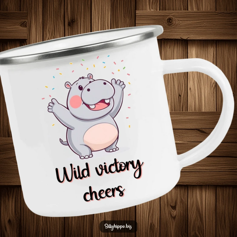 Funny camping mug with a triumphant hippo holding a festive confetti shower, perfect for outdoor celebrations and morning brews.