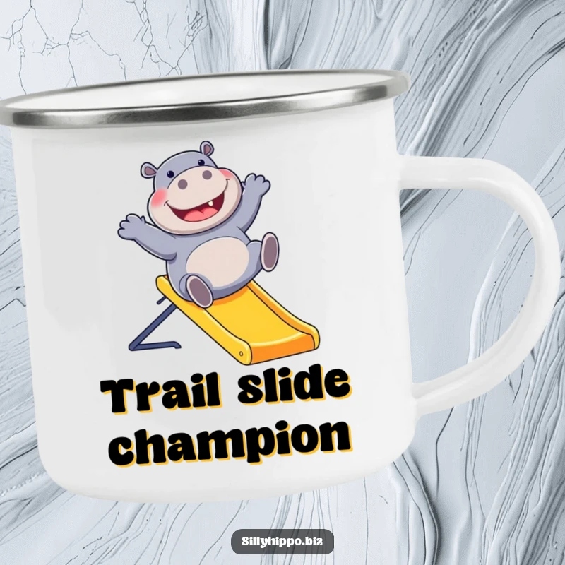 Funny camping mug with a joyful hippo sliding down a vibrant office slide, bringing outdoor fun and laughter to every sip.