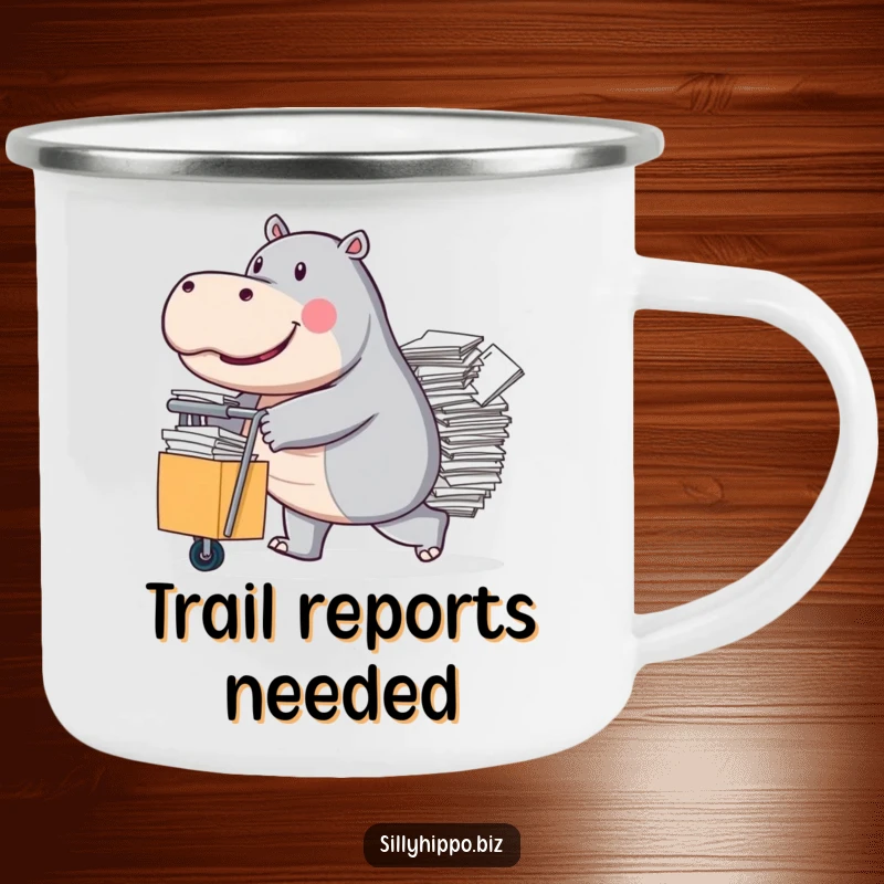 Funny Camping Mug featuring a determined hippo pushing a rolling cart overflowing with papers, perfect for busy adventurers.