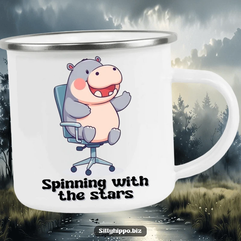 Funny, round hippo spinning on an office chair is featured on this rugged and humorous camping mug.