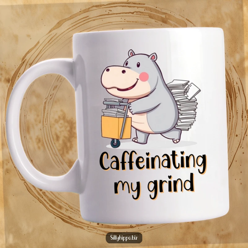 Funny Mug features a determined hippo pushing a rolling cart absolutely overflowing with stacks of paper.