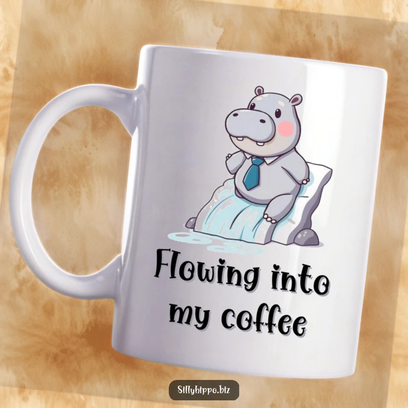 Funny hippo wearing a small tie slides down a waterfall made of printer paper on this amusing mug.