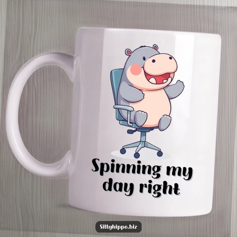Funny, round hippo joyfully spins around on a desk chair on this amusing mug.