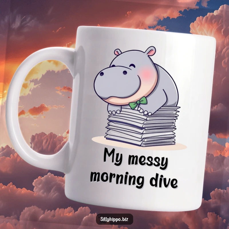 Funny mug depicting a plump hippo wearing a tiny bow tie, joyfully diving headfirst into a messy stack of documents.