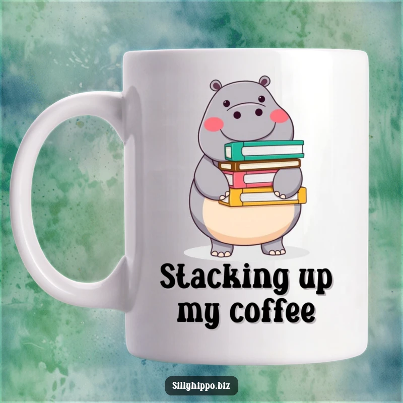 Funny mug featuring a round, cheerful hippo perfectly balancing a tall stack of colorful office folders with impressive skill.