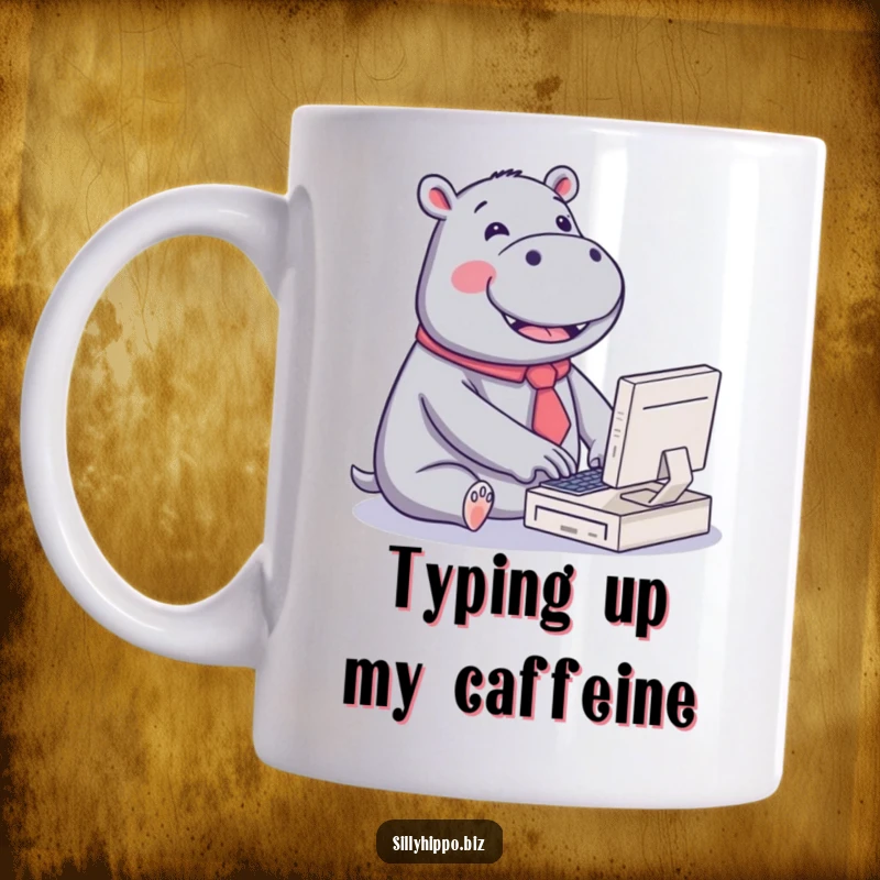Funny mug featuring a kawaii hippo wearing a tiny tie, happily typing on a miniature computer with a joyful expression, spreading office humor.