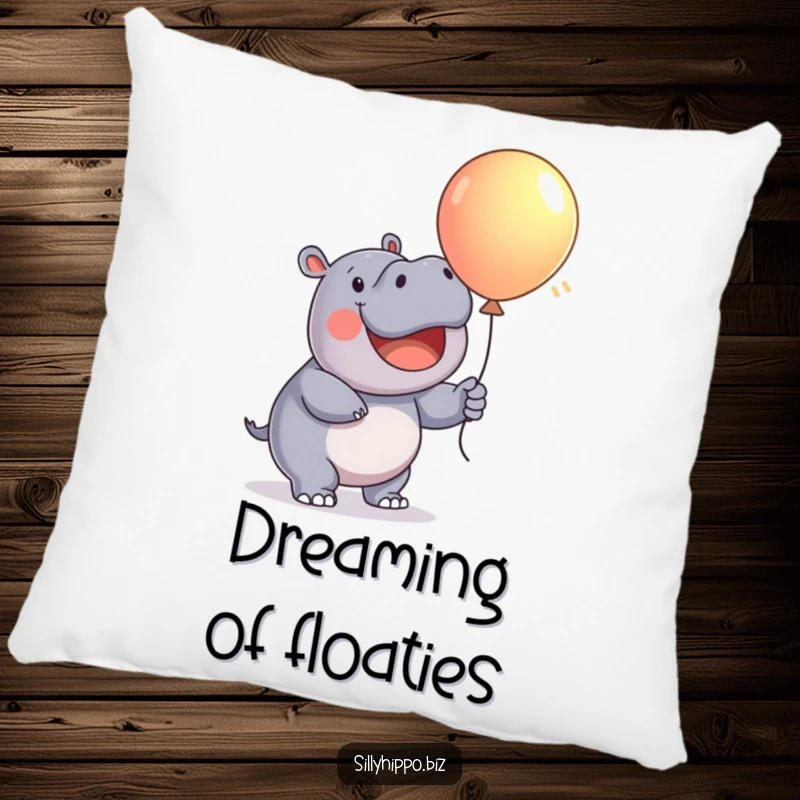 Funny Pillow featuring a very happy hippo enthusiastically inflating a colorful balloon, radiating pure joy and fun.