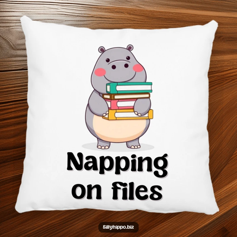 Funny pillow featuring a round, cheerful hippo balancing a stack of colorful office folders, offering organized comfort and humor.
