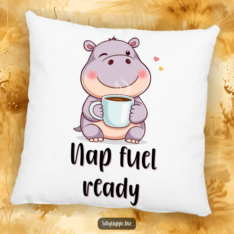 Funny pillow depicting a happy hippo winking with a coffee mug, adding a touch of cozy humor and charm to any space.