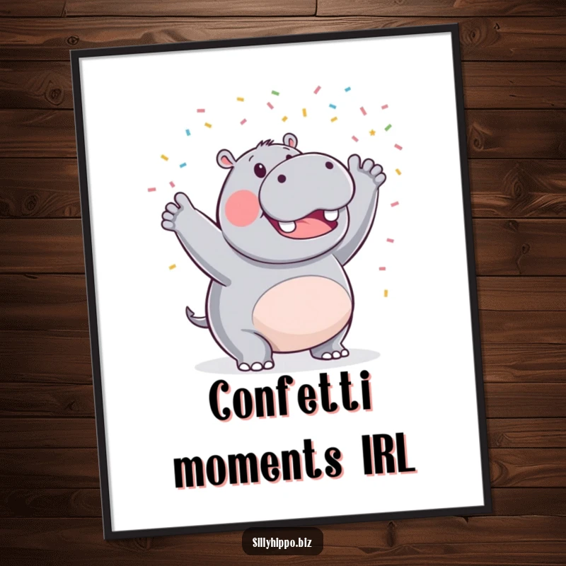 Funny digital art print of a triumphant hippo joyfully waving a delightful flurry of tiny celebratory confetti, ready for instant download.