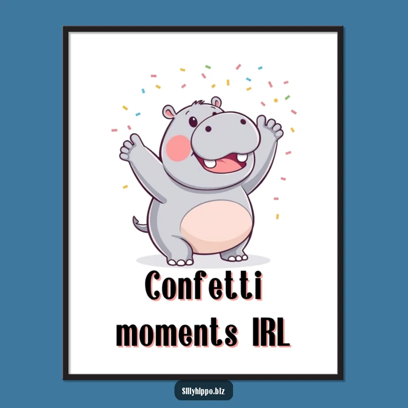 Funny Hippo Digital Art: Triumphant Confetti Celebration Instant Download