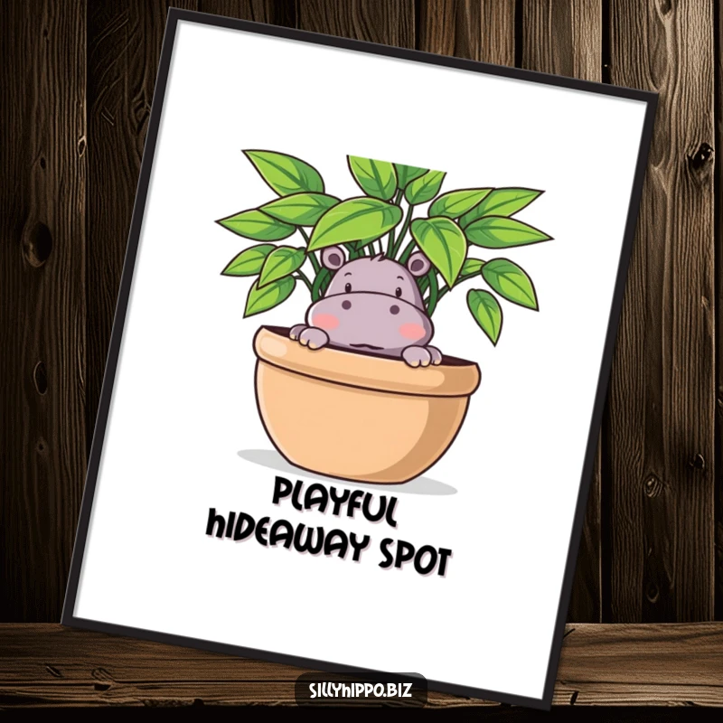 Funny Digital Art Print of a playful hippo peeking out from behind a large potted plant, looking curious.