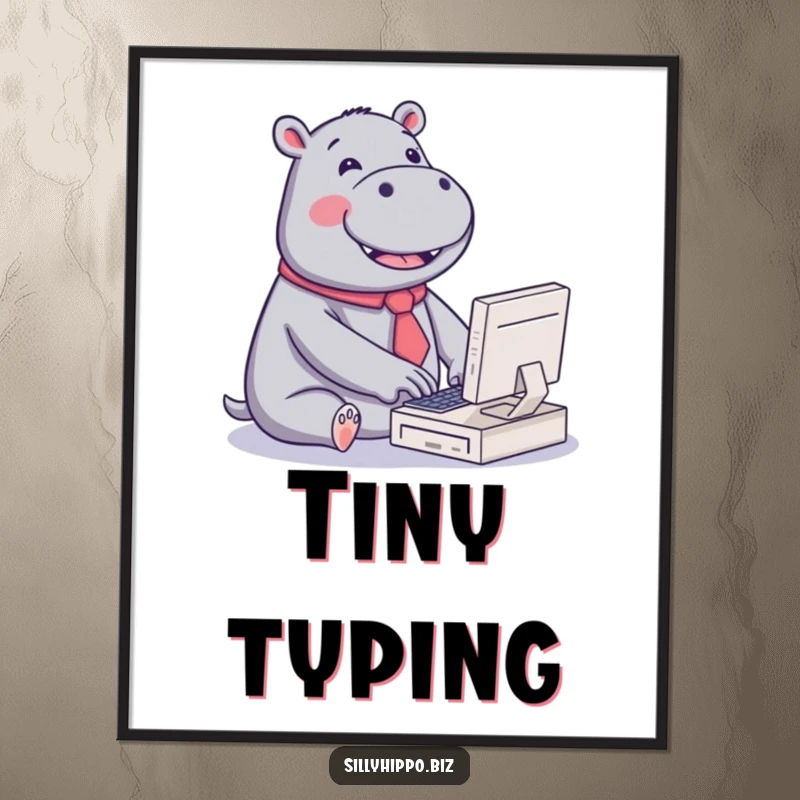 Funny digital art print of a kawaii hippo wearing a tiny tie, joyfully typing on a miniature computer, bringing cute office humor.