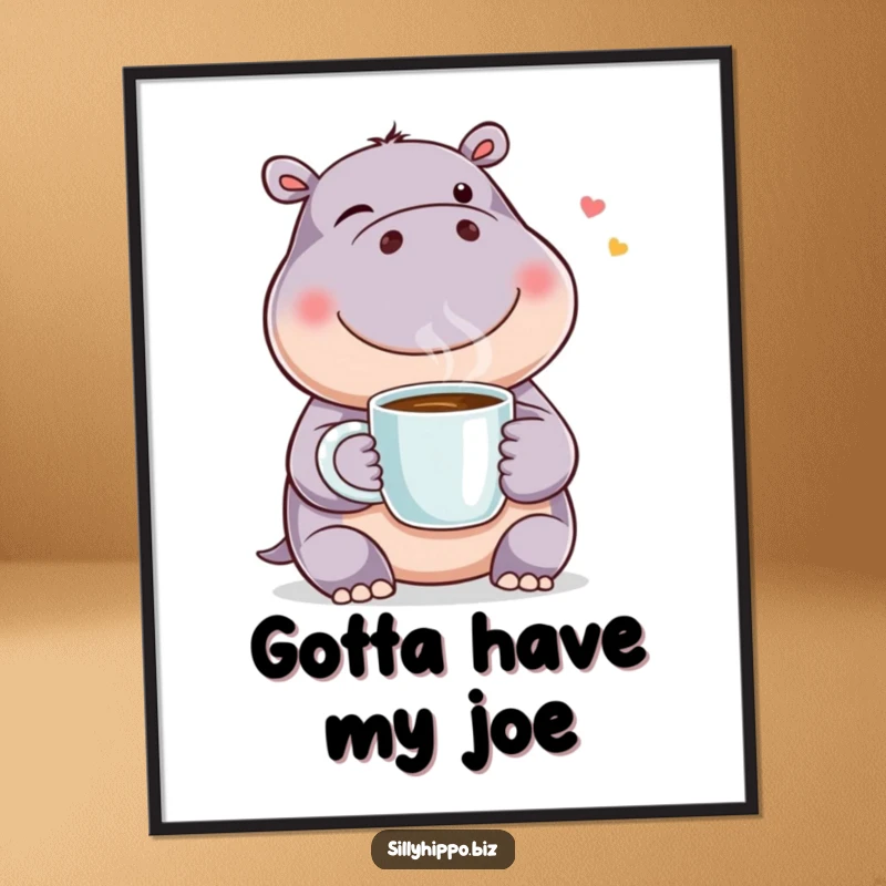 Funny digital art of a happy hippo winking while holding a steaming coffee mug, perfect for adding instant humor and warmth.
