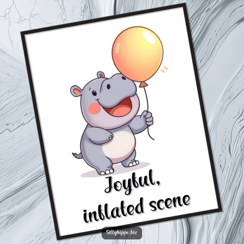 Funny Digital Art Print of a happy hippo enthusiastically inflating a large, colorful balloon, full of fun.