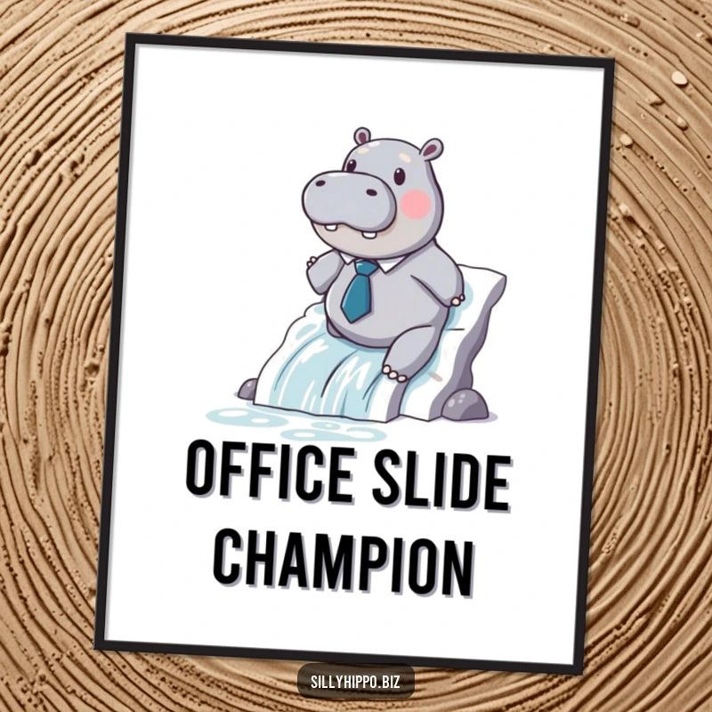 Funny hippo wearing a small tie slides down a printer paper waterfall in this vibrant, humorous digital art.