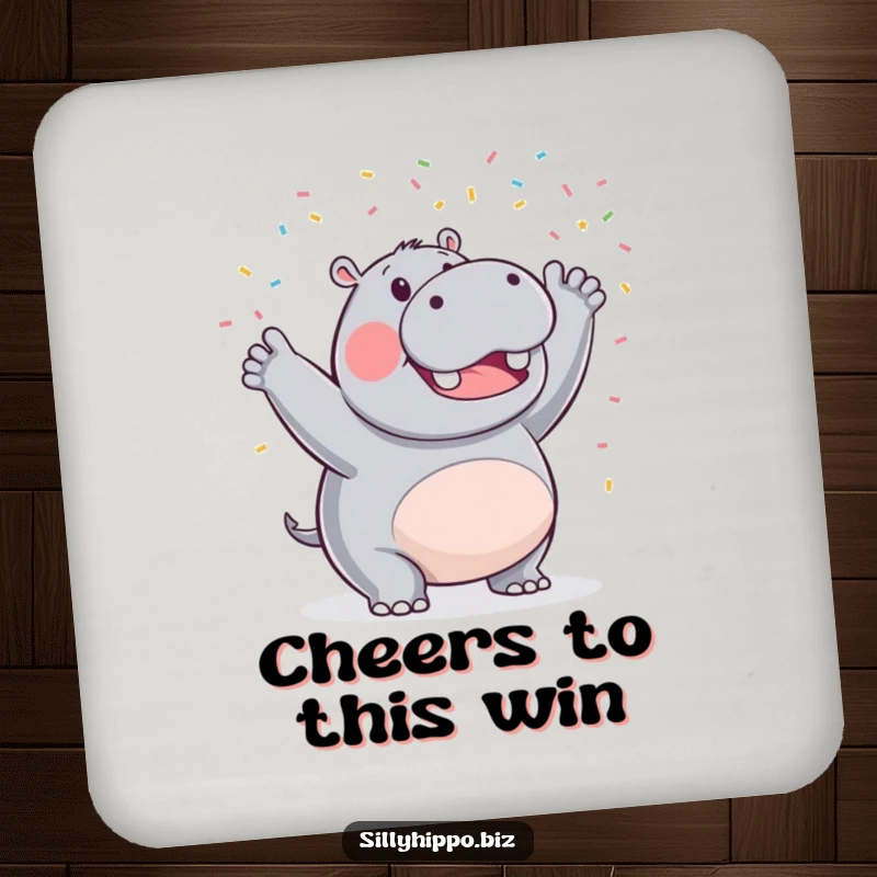 Funny drink coaster featuring a triumphant hippo joyfully waving tiny celebratory confetti, protecting surfaces with festive charm.
