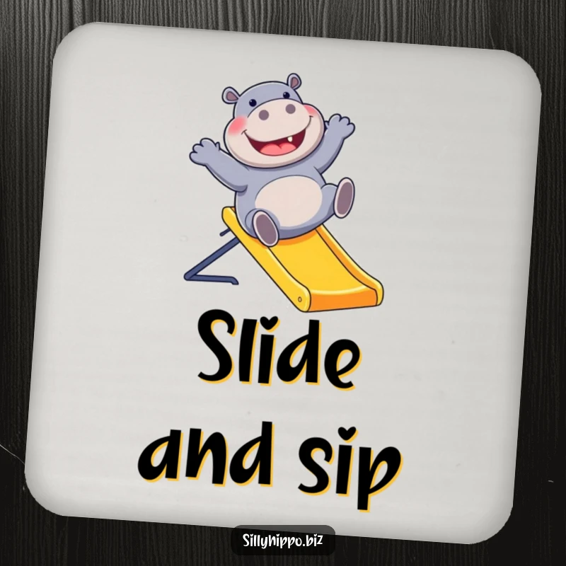 Funny drink coaster with a happy hippo sliding down a colorful office slide, adding a playful and humorous touch to any surface.