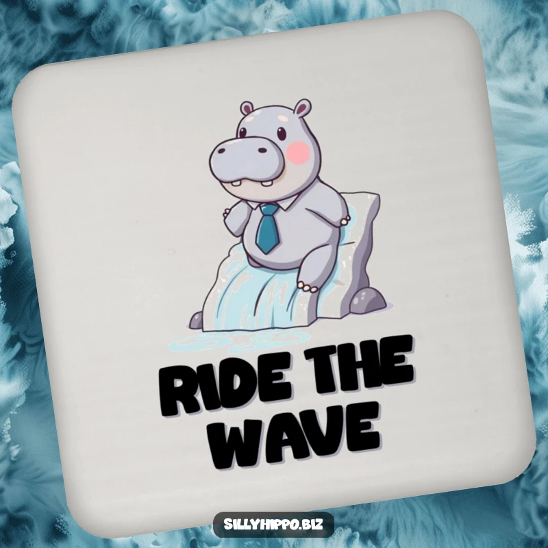 A hippo in a tiny tie slides down a printer paper waterfall on this protective and amusing drink coaster.
