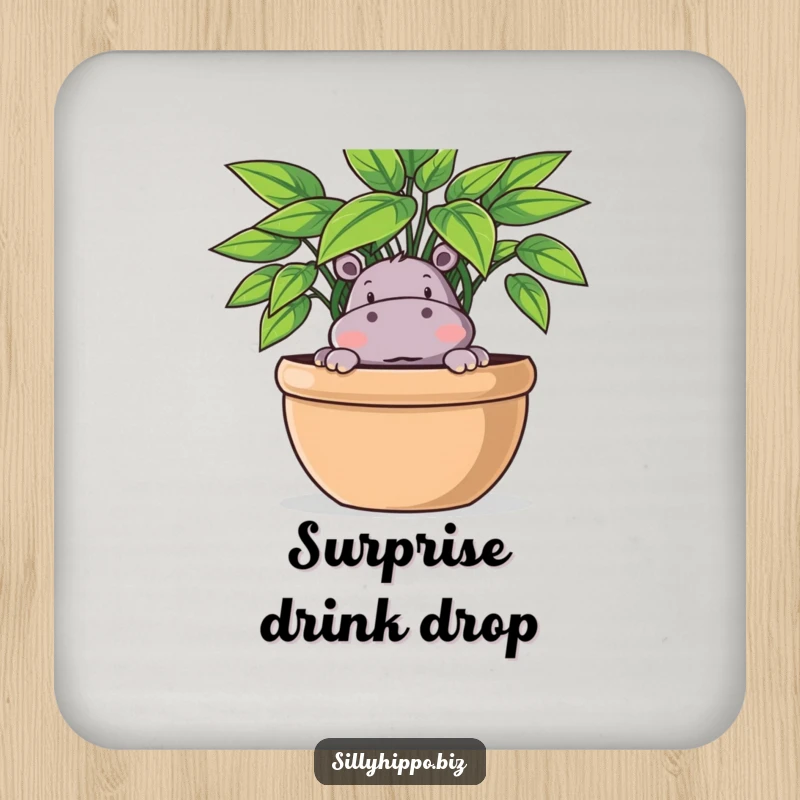 Funny Coaster set with a playful hippo peeking out from behind a large potted plant, adding a touch of fun.