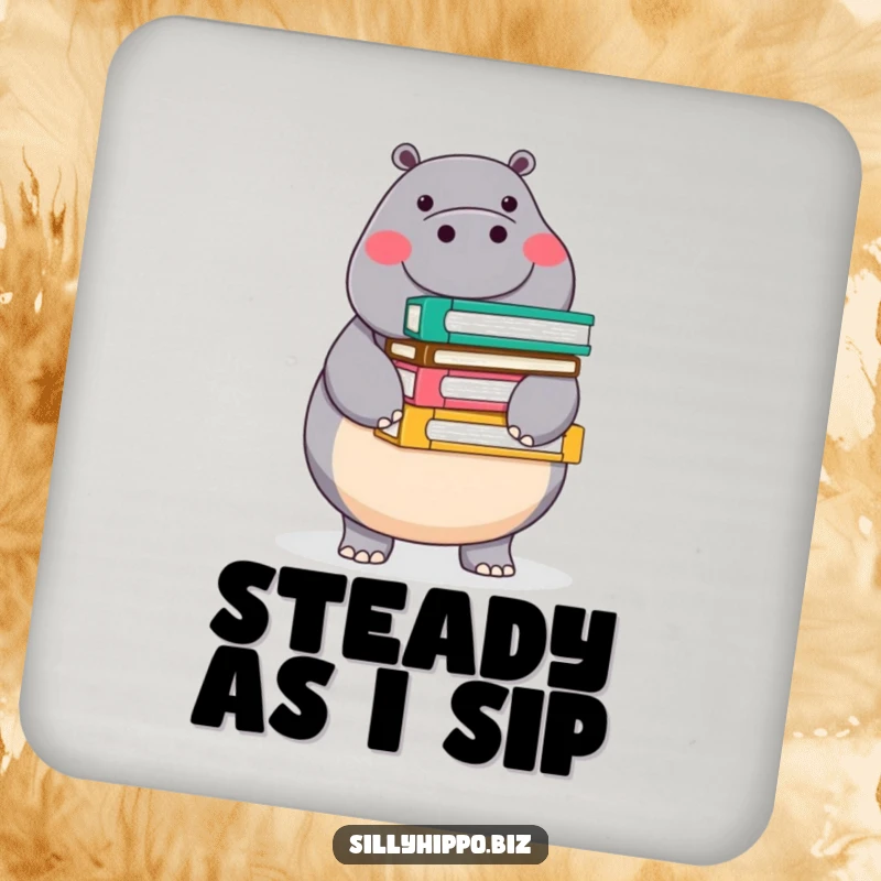 Funny drink coaster featuring a round, cheerful hippo balancing a stack of colorful office folders, adding organized office humor.