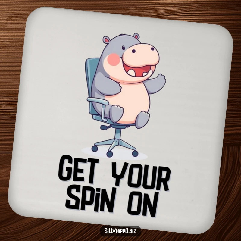 A round hippo gleefully spins on an office chair on this protective and amusing drink coaster.