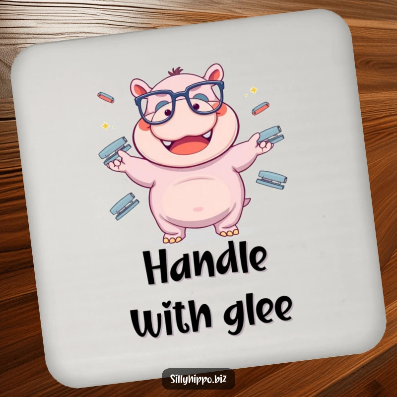 Funny hippo in big glasses hilariously juggles office staplers on this protective and amusing drink coaster.