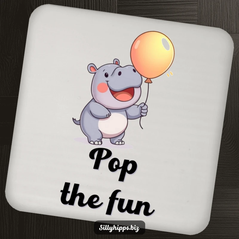 Funny Coaster set with a happy hippo enthusiastically inflating a colorful balloon, radiating joy and fun.