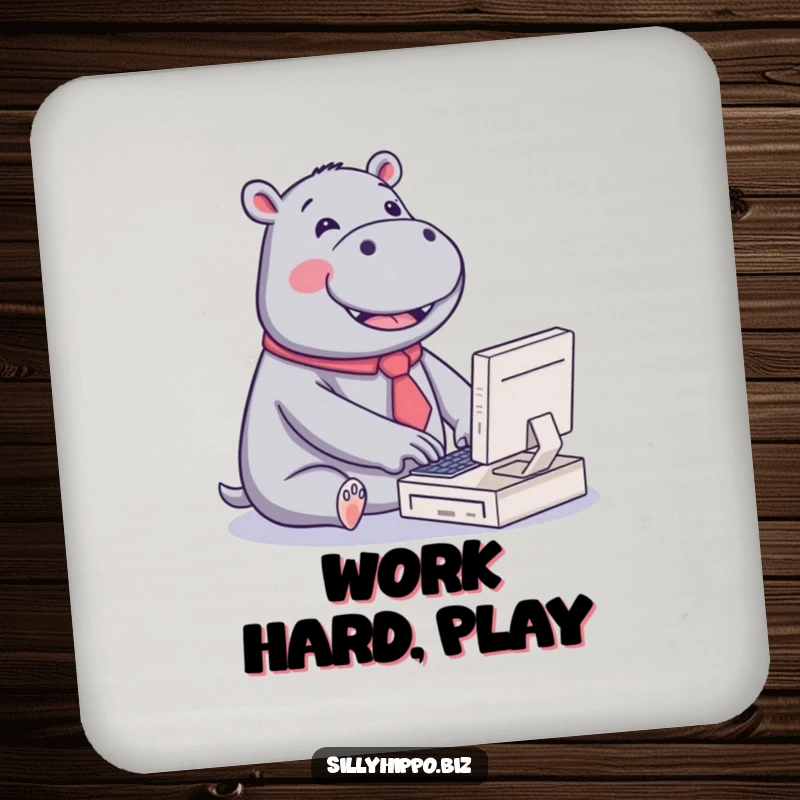 Funny drink coaster featuring a kawaii hippo wearing a tiny tie, joyfully typing on a miniature computer, adding cute office humor.