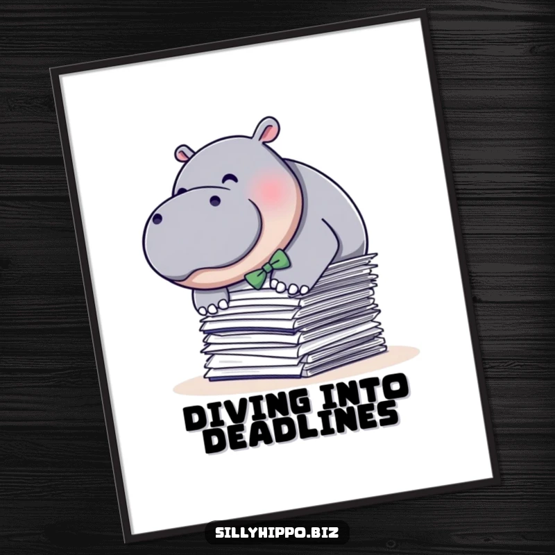 Funny poster of a plump hippo in a bow tie, humorously diving into a stack of papers, perfect office or home decor.