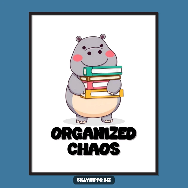 Funny Round Hippo Poster: Balanced Folders Art for Cheerful Decor