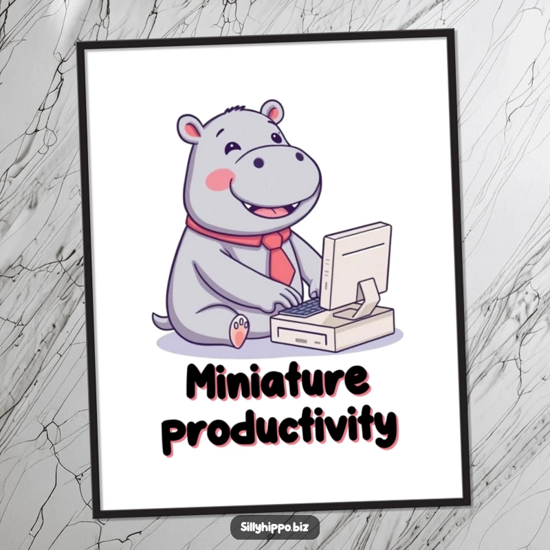 Funny poster art print of a kawaii hippo wearing a tiny tie, joyfully typing on a miniature computer, adding cute office humor.