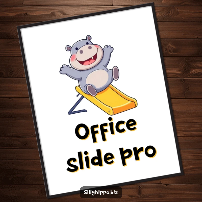 Funny poster art of a joyous hippo sliding down a colorful office slide, radiating happiness and playful energy for all to see.
