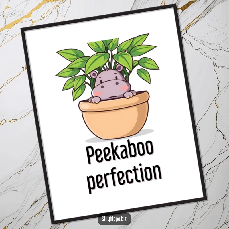 Funny Poster art of a playful hippo peeking out from behind a large potted plant, with a curious expression.