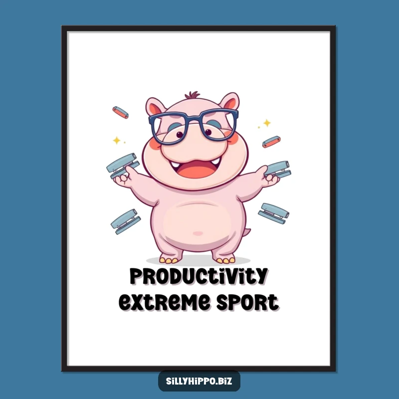 Funny Hippo Stapler Juggling Poster - Hilarious Office Wall Art
