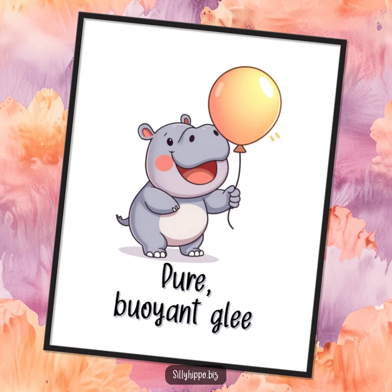Funny Poster art of a happy hippo enthusiastically inflating a large, brightly colored balloon, full of playful energy.