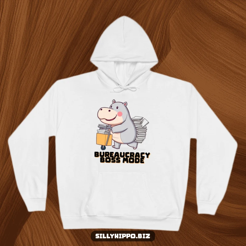 Funny Hoodie illustration of a determined hippo pushing a rolling cart brimming with an immense amount of papers.