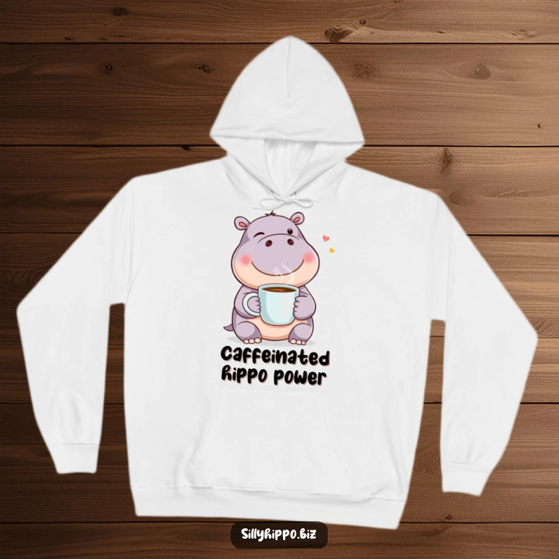 Funny hoodie featuring a happy hippo winking while holding a warm cup of coffee, perfect for cozying up with a smile.