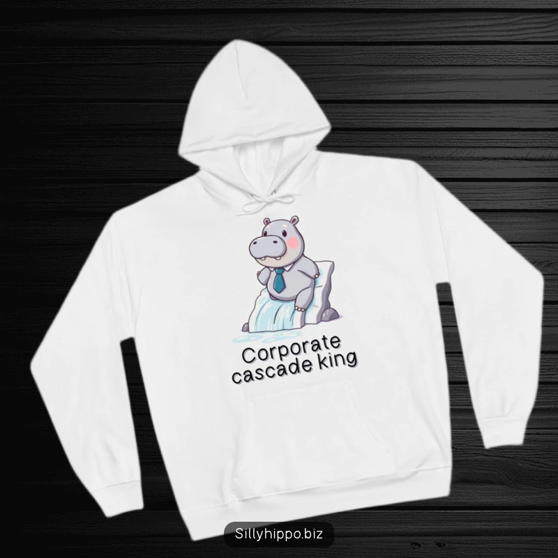 Funny hippo sporting a small tie slides down a printer paper waterfall, featured on this cozy hoodie.
