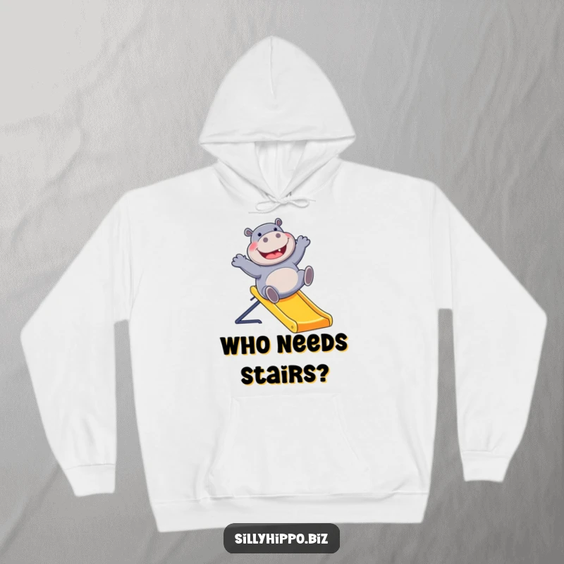 Funny hoodie depicting a joyous hippo sliding down a bright office slide, capturing a moment of pure, uninhibited fun.