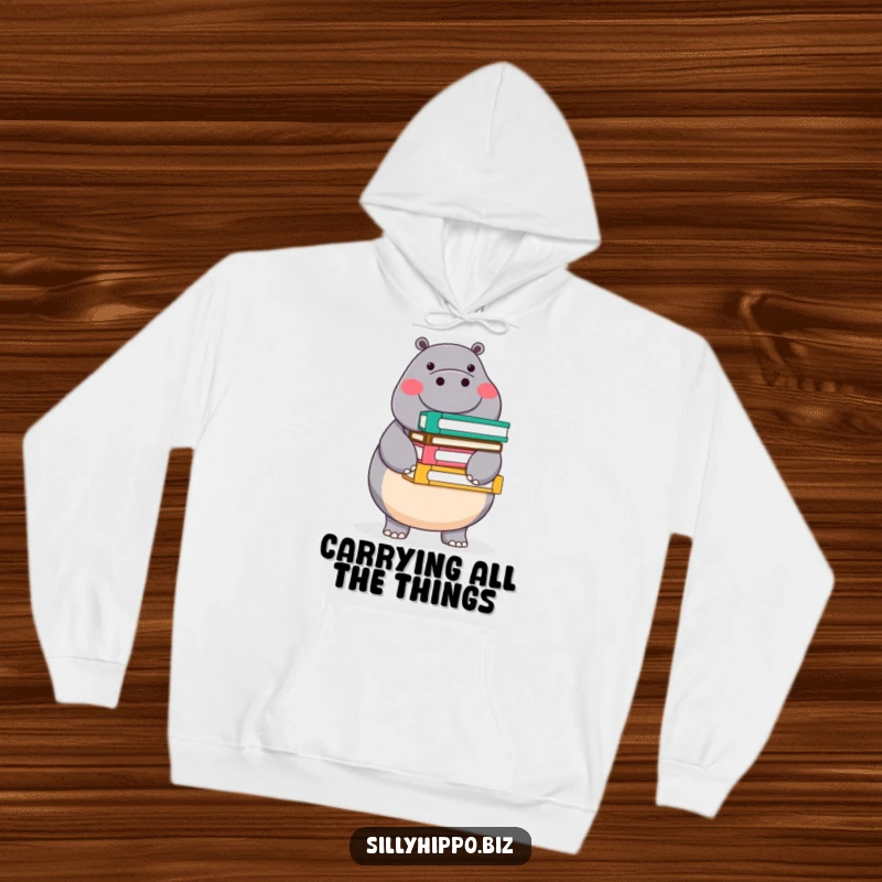 Funny hoodie featuring a round, cheerful hippo balancing a stack of colorful office folders, perfect for cozy, organized, and humorous moments.