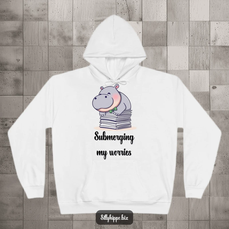 Funny hoodie showing a plump hippo in a bow tie, comically diving into a stack of papers, blending comfort with office humor.